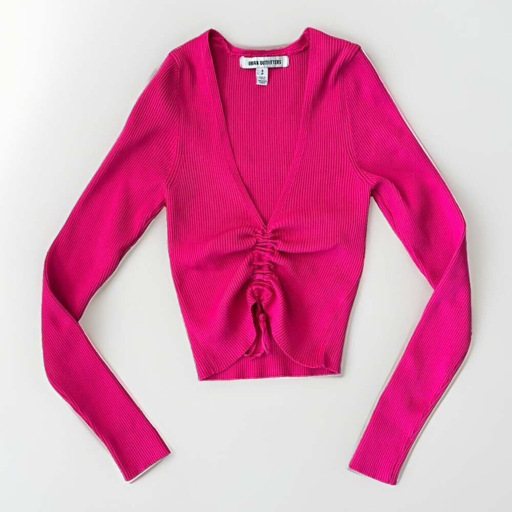 Urban Outfitters Mia Ribbed Cinched Sweater In Pink Crop Barbie NWOT Size Small